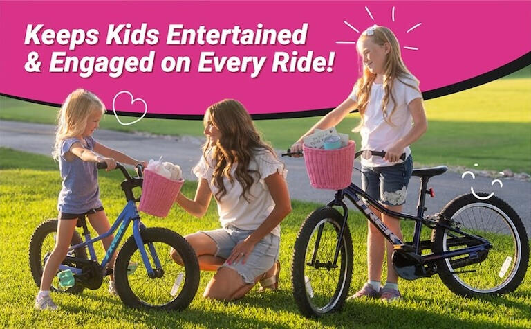 Kids riding their bikes with detachable front Pedalon bike baskets.