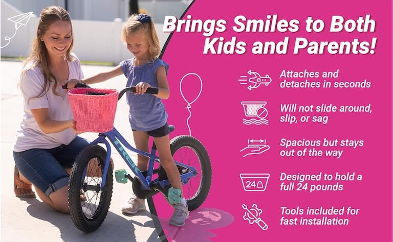 Mother helping daughter install their detachable front Pedalon bicycle basket.